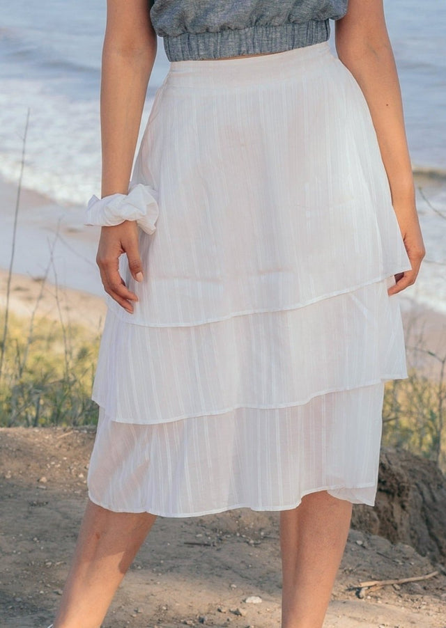 Chanthu Banana 3 Tiered Midi Skirt in White - Veneka-Sustainable-Ethical-Bottoms-Valani Drop Ship