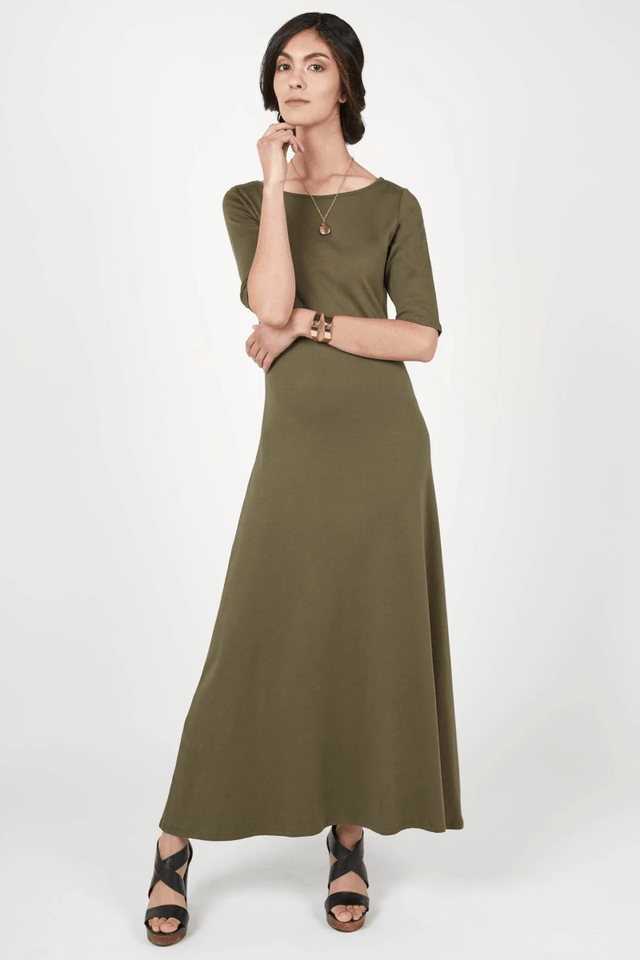 Elbow Sleeve Boatneck Dress in Olive - Veneka-Sustainable-Ethical-Dresses-Indigenous Drop Ship