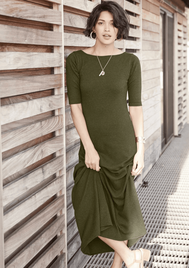 Elbow Sleeve Boatneck Dress in Olive - Veneka-Sustainable-Ethical-Dresses-Indigenous Drop Ship