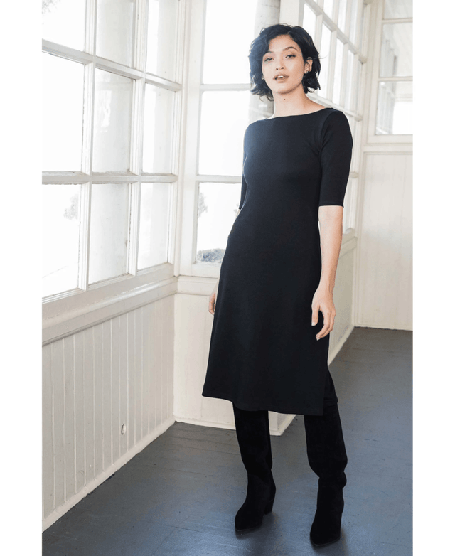 Essential Boatneck Midi Dress with Pockets in Black - Veneka-Sustainable-Ethical-Dresses-Indigenous Drop Ship