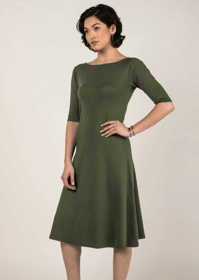 Essential Boatneck Midi Dress with Pockets in Olive - Veneka-Sustainable-Ethical-Dresses-Indigenous Drop Ship