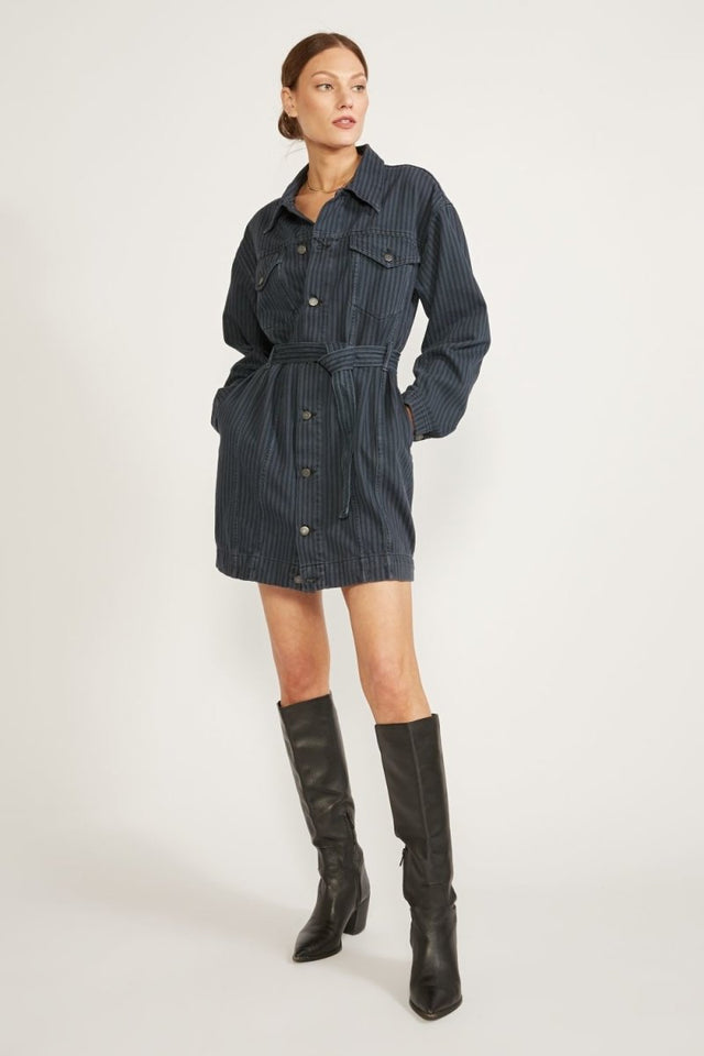 Joelle Jacket Dress in Night Stripe - Veneka-Sustainable-Ethical-Dresses-Etica Denim Drop Ship