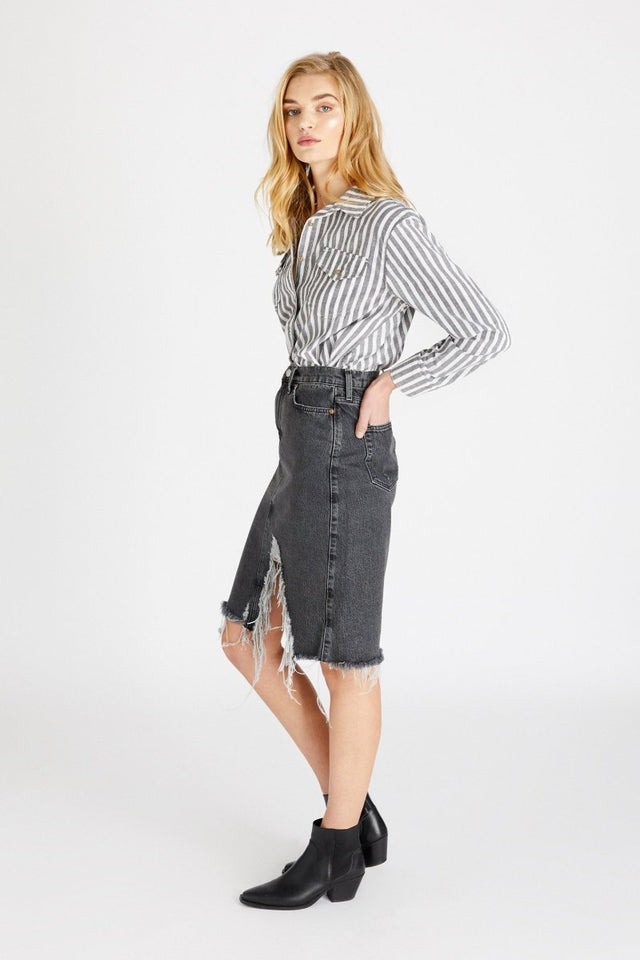 Johanna A Line Midi Skirt in Smokey Mountain - Veneka-Sustainable-Ethical-Bottoms-Etica Denim Drop Ship