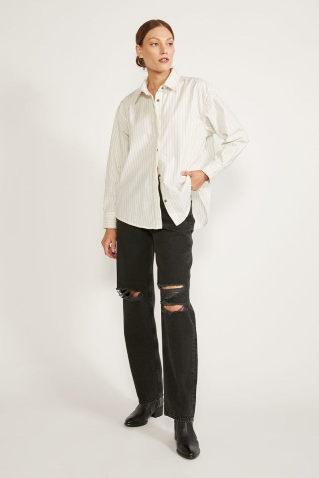 Joni Classic Shirt in Black White Stripe - Veneka-Sustainable-Ethical-Tops-Etica Denim Drop Ship