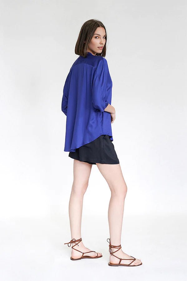 Kerala 3/4 Sleeve V-Neck Blouse in Lapis Blue - Veneka-Sustainable-Ethical-Tops-Neu Nomads Drop Ship