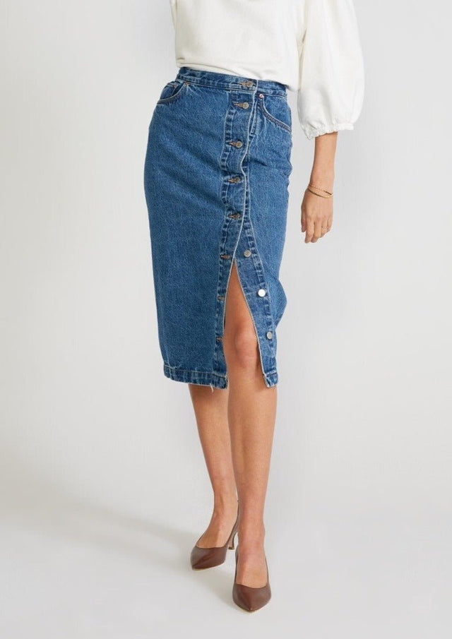 Kyla Skirt in Topaz Lake - Veneka-Sustainable-Ethical-Bottoms-Etica Denim Drop Ship