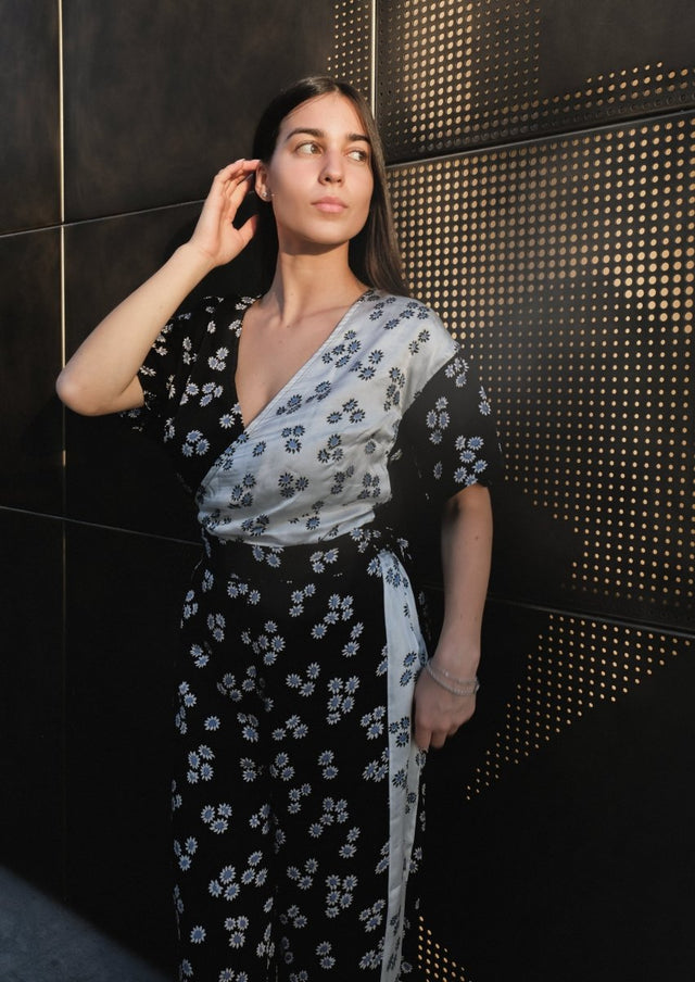 Monochrome Ditsy Wrap Top - Veneka-Sustainable-Ethical-Tops-Em & Shi Drop Ship