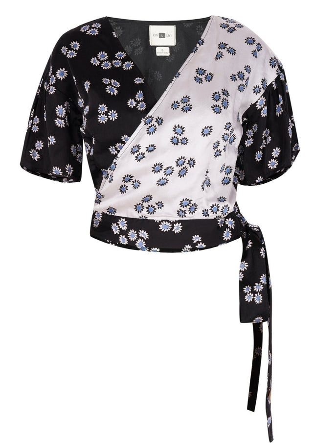 Monochrome Ditsy Wrap Top - Veneka-Sustainable-Ethical-Tops-Em & Shi Drop Ship