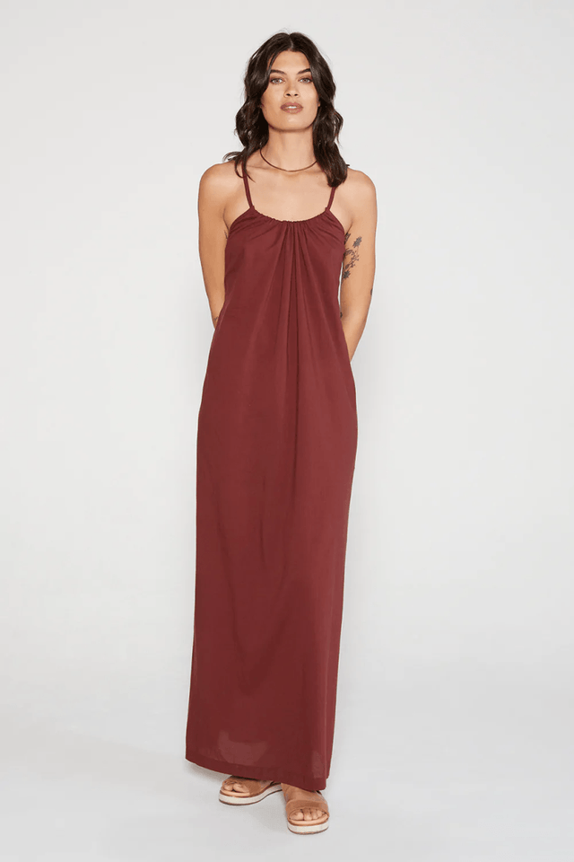 Olivia Halter Maxi in Rum Raisin - Veneka-Sustainable-Ethical-Dresses-Etica Denim Drop Ship