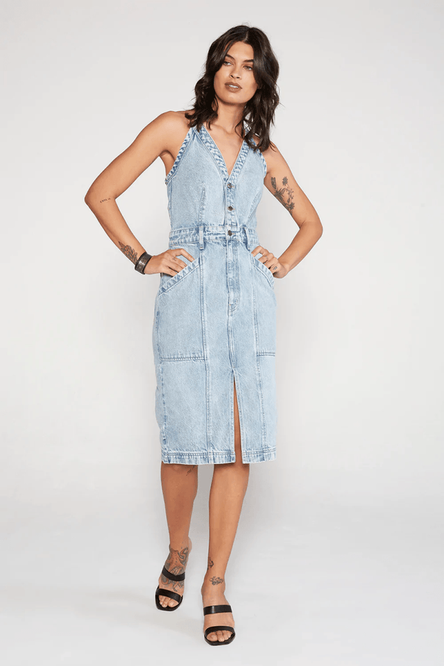 Rue Utility Dress in Pebble Beach - Veneka-Sustainable-Ethical-Dresses-Etica Denim Drop Ship