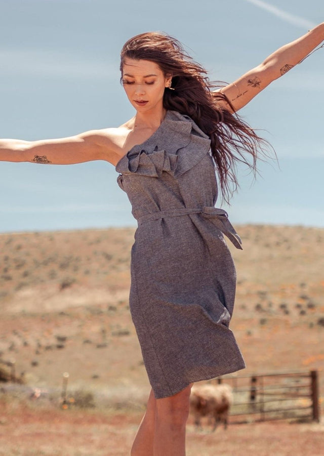Sokha Asymmetrical One Shoulder Midi Hemp Dress in Grey - Veneka-Sustainable-Ethical-Dresses-Valani Drop Ship