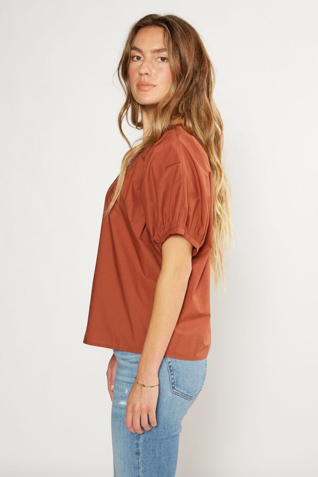 Tempeste Puff Sleeve Top in Redwood - Veneka-Sustainable-Ethical-Tops-Etica Denim Drop Ship