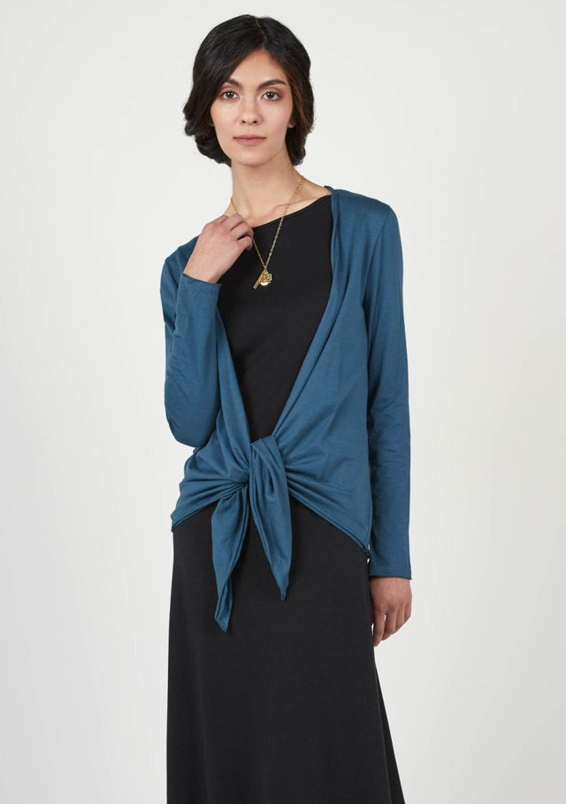 Tie Front Cardigan in Ocean - Veneka-Sustainable-Ethical-Jackets-Indigenous Drop Ship
