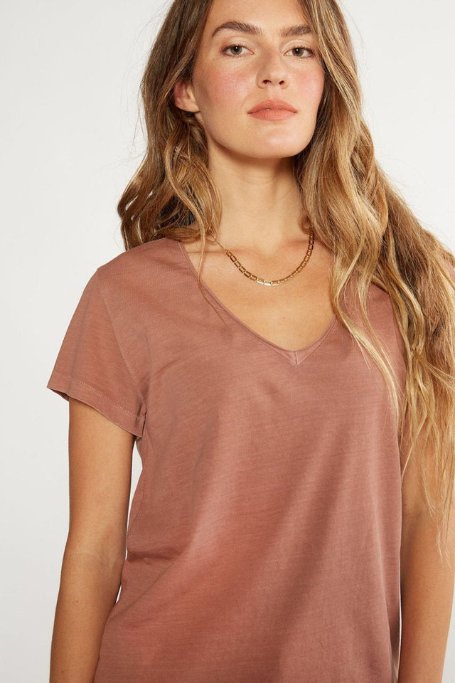 Aiden Organic Cotton V Neck Tee in Redwood Pigment