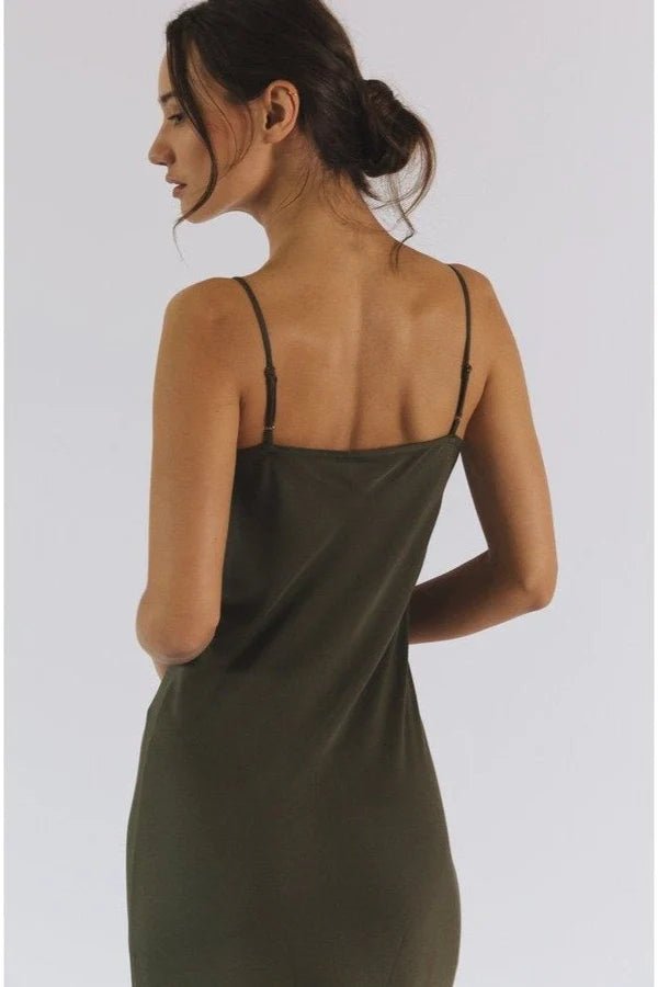 Bias Cut Slip Dress in Olive Night - Veneka-Sustainable-Ethical-Dresses-Neu Nomads Drop Ship