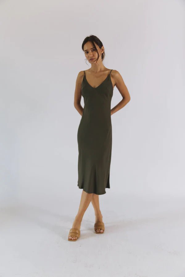 Bias Cut Slip Dress in Olive Night - Veneka-Sustainable-Ethical-Dresses-Neu Nomads Drop Ship