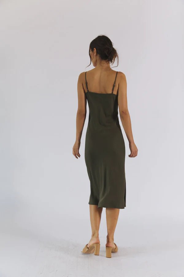 Bias Cut Slip Dress in Olive Night - Veneka-Sustainable-Ethical-Dresses-Neu Nomads Drop Ship