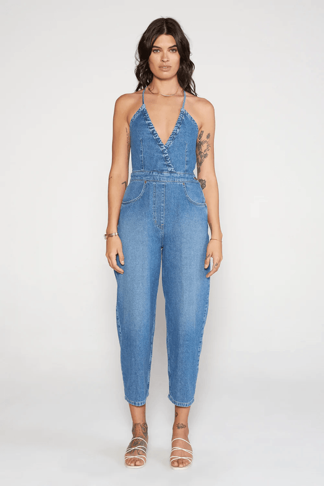 Birdie Halter Jumpsuit in River Rock - Veneka-Sustainable-Ethical-Dresses-Etica Denim Drop Ship
