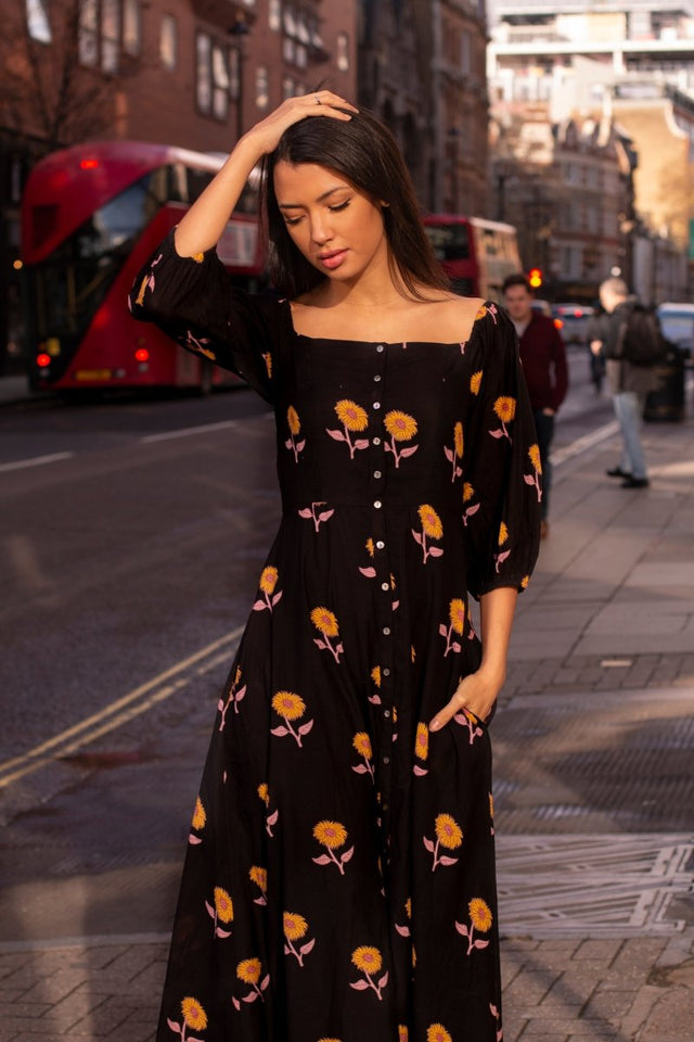 Button Down Dress in Sunflower - Veneka-Sustainable-Ethical-Dresses-Em & Shi Drop Ship
