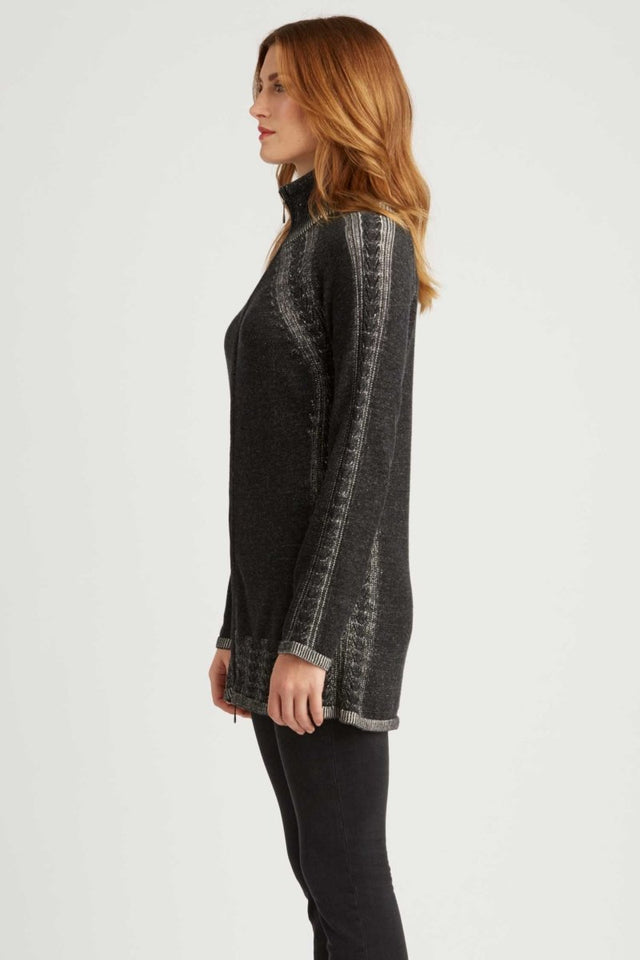 Cable Zip Cardigan in Black Ivory - Veneka-Sustainable-Ethical-Jackets-Indigenous Drop Ship