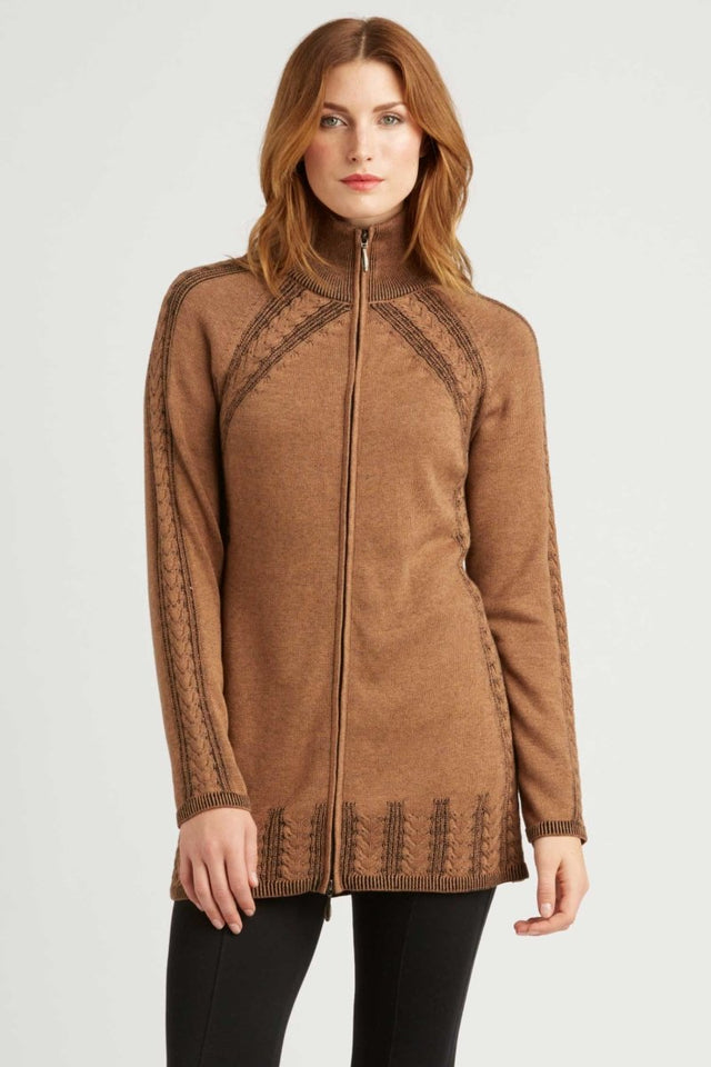 Cable Zip Cardigan in Camel Black - Veneka-Sustainable-Ethical-Jackets-Indigenous Drop Ship