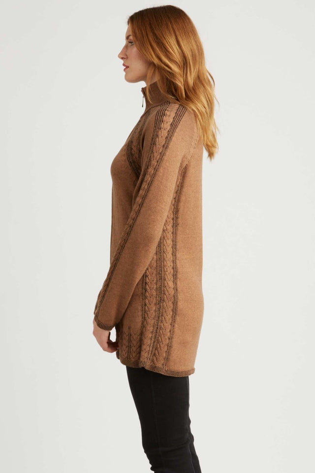 Cable Zip Cardigan in Camel Black - Veneka-Sustainable-Ethical-Jackets-Indigenous Drop Ship