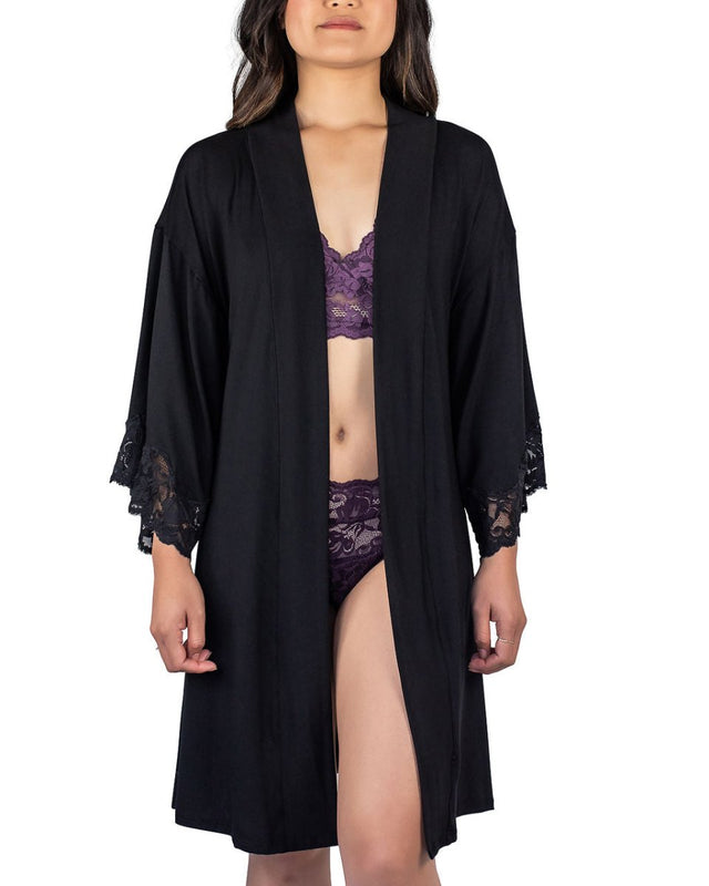 Calla Modal Kimono with Lace in Black - Veneka-Sustainable-Ethical-Jackets-Everviolet Drop Ship
