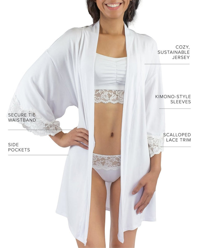 Calla Modal Kimono with Lace in White - Veneka-Sustainable-Ethical-Jackets-Everviolet Drop Ship