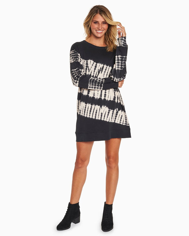Cecily Tie Dye Sweatshirt Dress in Black/Moonbeam Tie Dye - Veneka-Sustainable-Ethical-Dresses-YesAnd Drop Ship