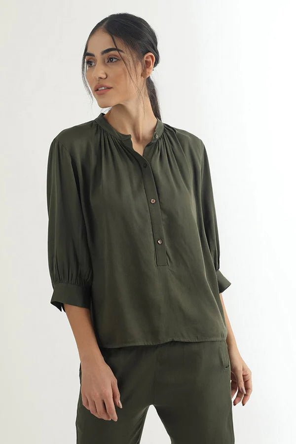 Celia Blouse in Olive Night - Veneka-Sustainable-Ethical-Tops-Neu Nomads Drop Ship