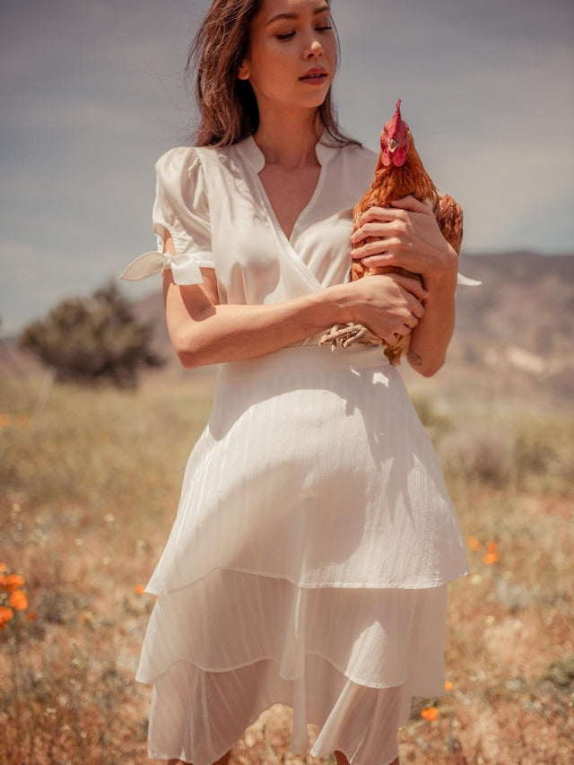 Chanthu Banana 3 Tiered Midi Skirt in White - Veneka-Sustainable-Ethical-Bottoms-Valani Drop Ship