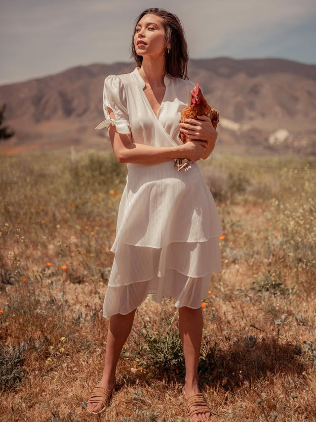 Chanthu Banana 3 Tiered Midi Skirt in White - Veneka-Sustainable-Ethical-Bottoms-Valani Drop Ship