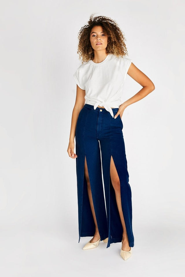 Devon High Rise Split Leg Pant in Navy - Veneka-Sustainable-Ethical-Bottoms-Etica Denim Drop Ship