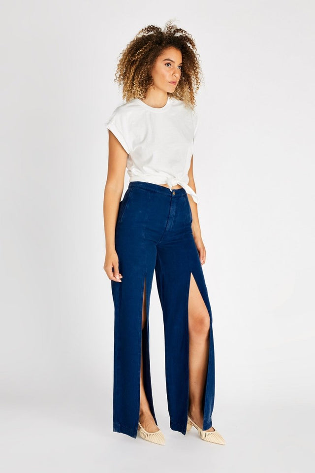 Devon High Rise Split Leg Pant in Navy - Veneka-Sustainable-Ethical-Bottoms-Etica Denim Drop Ship