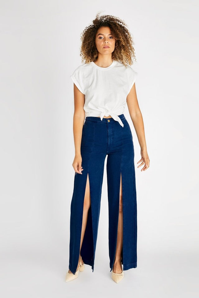 Devon High Rise Split Leg Pant in Navy - Veneka-Sustainable-Ethical-Bottoms-Etica Denim Drop Ship
