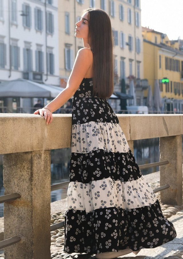 Ditsy Tiered Dress in Monochrome - Veneka-Sustainable-Ethical-Dresses-Em & Shi Drop Ship