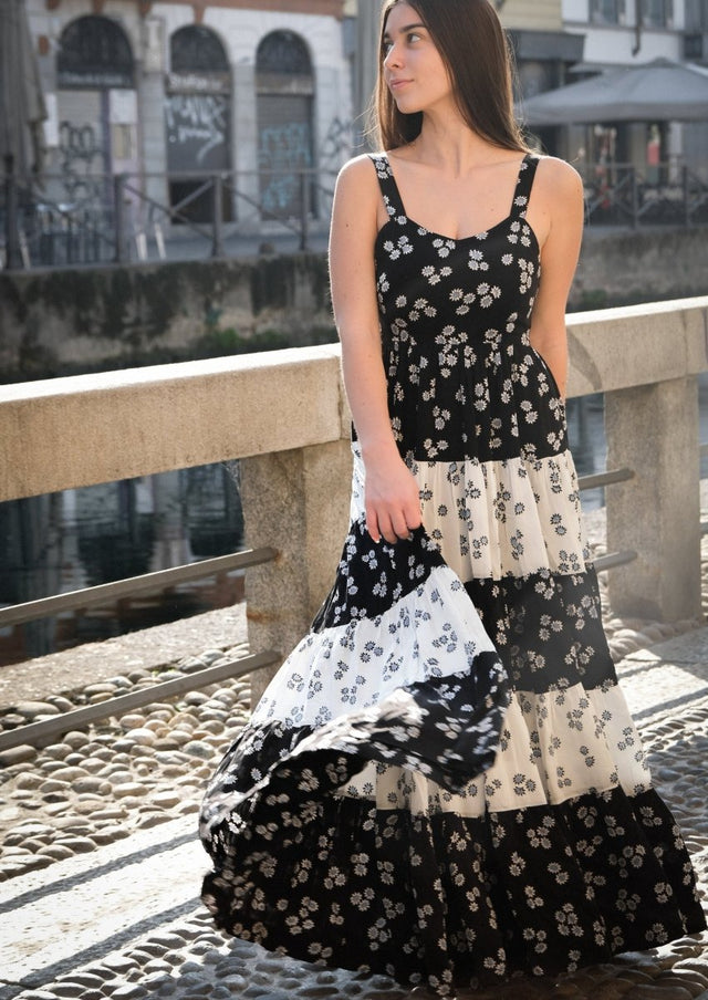 Ditsy Tiered Dress in Monochrome - Veneka-Sustainable-Ethical-Dresses-Em & Shi Drop Ship