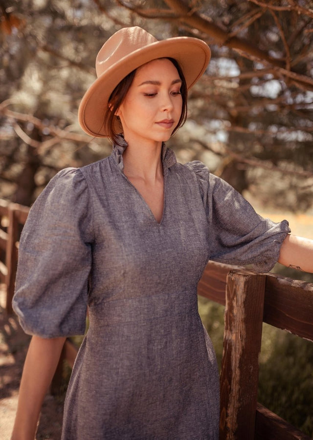 Dress with Puff Sleeves in Grey - Veneka-Sustainable-Ethical-Dresses-Valani Drop Ship