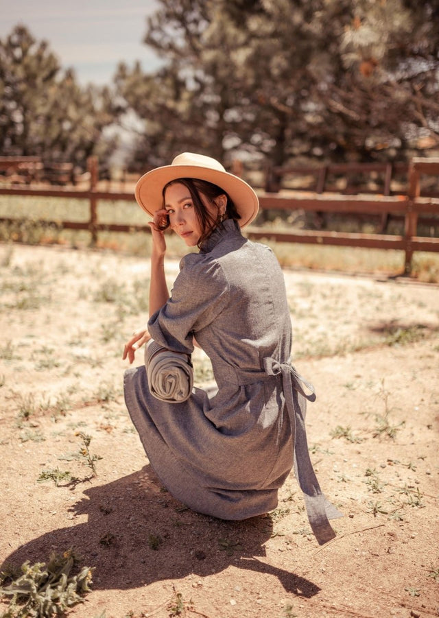 Dress with Puff Sleeves in Grey - Veneka-Sustainable-Ethical-Dresses-Valani Drop Ship