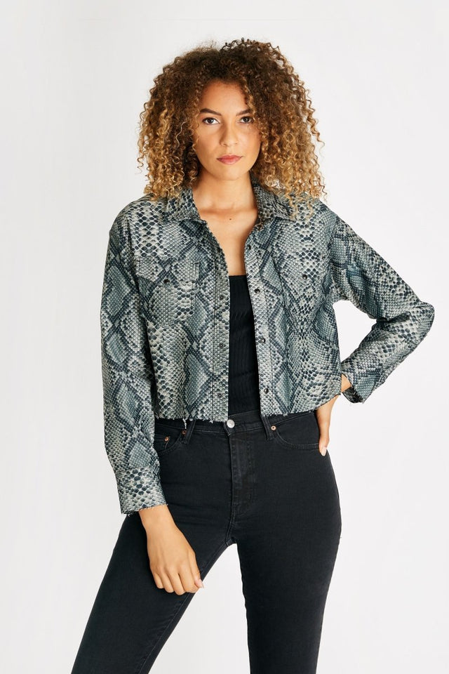 Drew Crop Jacket in Olive Snake - Veneka-Sustainable-Ethical-Jackets-Etica Denim Drop Ship