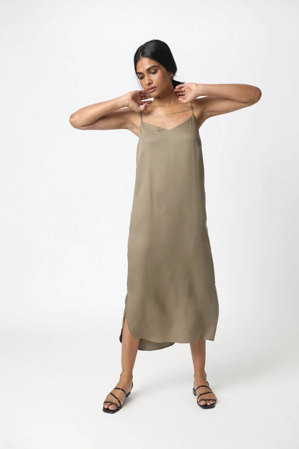 Easy Slip Dress in Khaki - Veneka-Sustainable-Ethical-Dresses-Neu Nomads Drop Ship