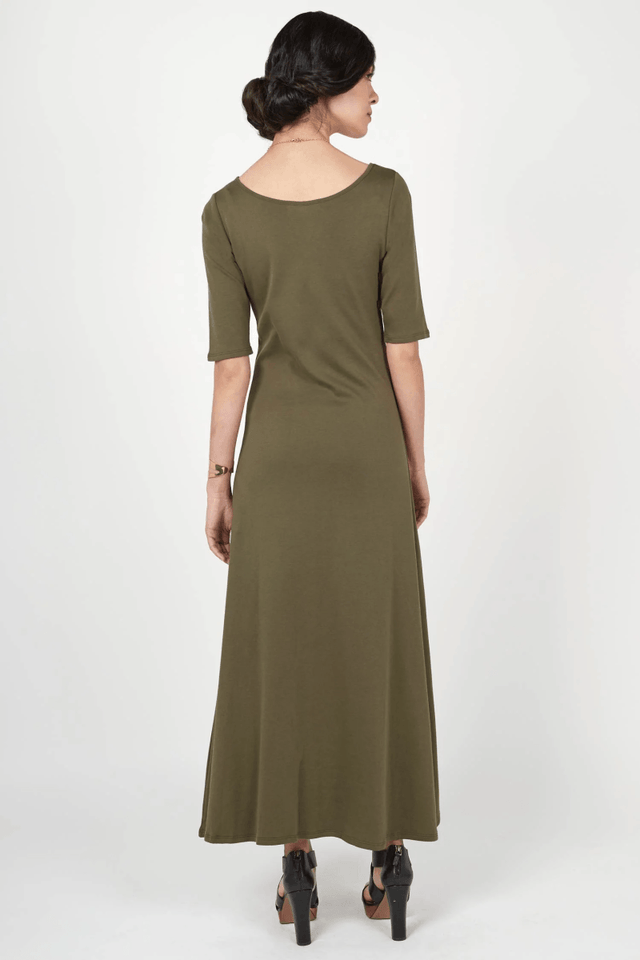 Elbow Sleeve Boatneck Dress in Olive - Veneka-Sustainable-Ethical-Dresses-Indigenous Drop Ship