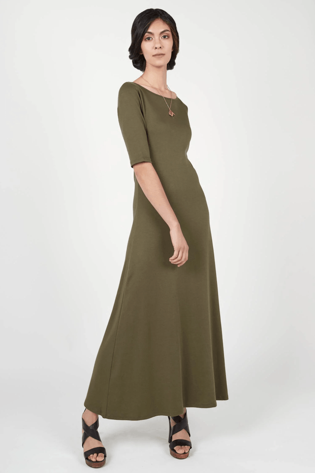 Elbow Sleeve Boatneck Dress in Olive - Veneka-Sustainable-Ethical-Dresses-Indigenous Drop Ship