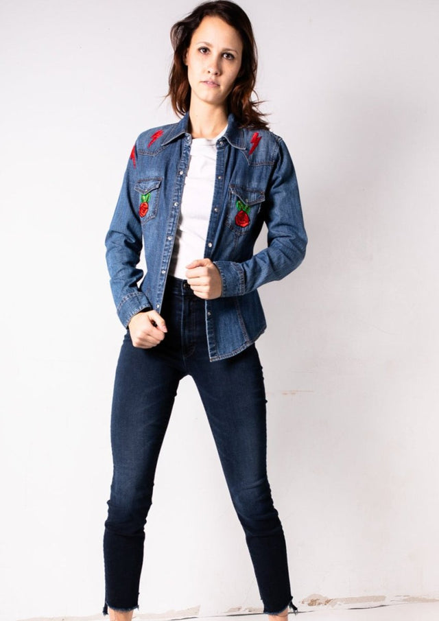 Electric Rose Denim Button Up "Prism Collection" - Veneka-Sustainable-Ethical-Tops-Montie and Joie Drop Ship