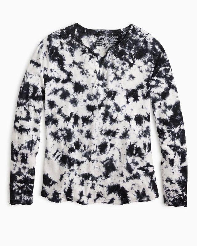 Erin Tie Dye Henley Tee in White/Black Tie Dye - Veneka-Sustainable-Ethical-Tops-YesAnd Drop Ship