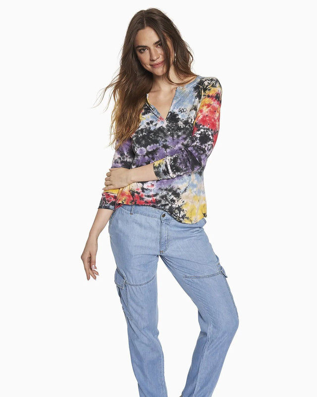 Erin Tie Dye Henley Tee in White/Black Tie Dye - Veneka-Sustainable-Ethical-Tops-YesAnd Drop Ship