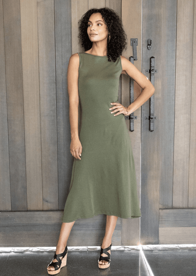 Essential Boatneck Dress in Olive - Veneka-Sustainable-Ethical-Dresses-Indigenous Drop Ship