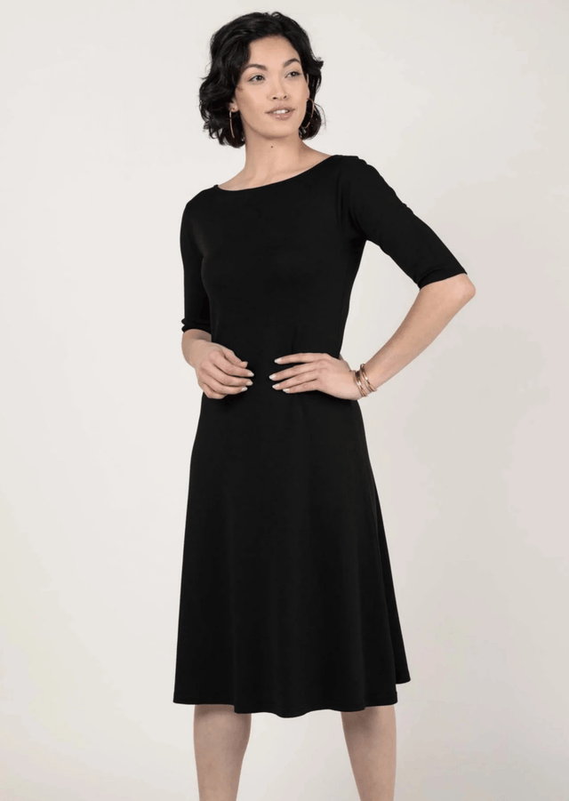 Essential Boatneck Midi Dress with Pockets in Black - Veneka-Sustainable-Ethical-Dresses-Indigenous Drop Ship
