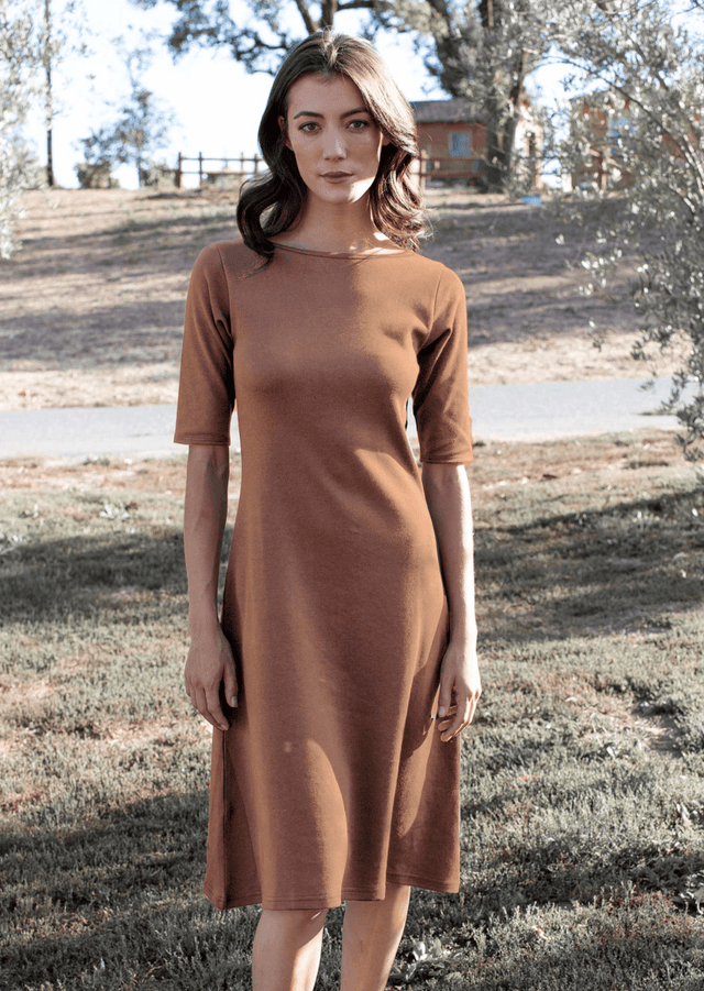 Essential Boatneck Midi Dress with Pockets in Sedona - Veneka-Sustainable-Ethical-Dresses-Indigenous Drop Ship