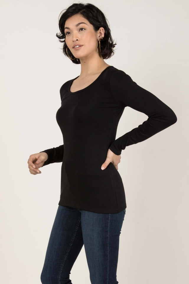 Essential Long Sleeve Scoop Tee in Black - Veneka-Sustainable-Ethical-Tops-Indigenous Drop Ship